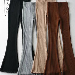 Tossy Solid Knitted High Waist Flare Pants For Women Ribbed Casual Leggings Female Stretchy Bodycon Trousers Fashion Streetwear