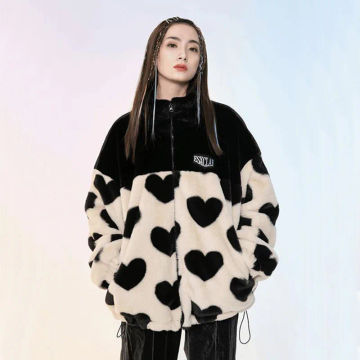 Fashion Lambswool Women Jacket Winter Thick Warm Sweet Heart Print Casual Coat Korean Loose Fleece Zipper Faux Fur Outerwear