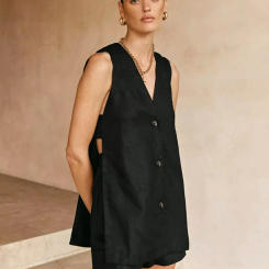 Bclout Summer Black Linen Shorts Sets Womens 2 Pieces Fashion V-Neck Buttons Sexy Tops Elegant Cotton Wide Leg Shorts Suits Chic
