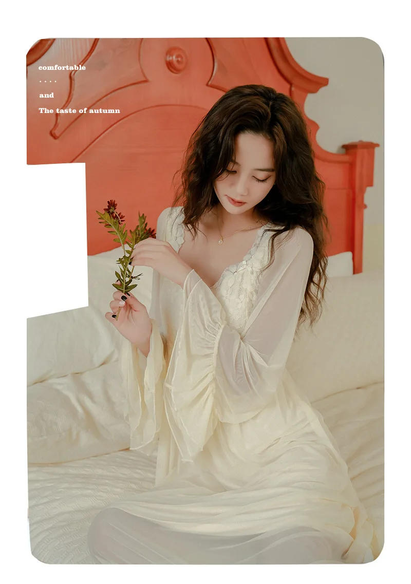 Description Picture 3 of itemSXTHAENOO Fashion Elegant New Apricot Pajamas Nightdress French Spring Autumn Long Mesh Sleepwear NightgownNight Wears For Women