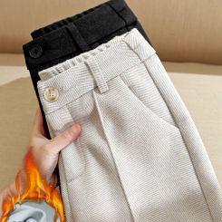 High Waist Wool Blend Pants Women Winter Thicken Plush Lined Harem Pantalones Office Casual Warm Ankle-length Woolen Spodnie