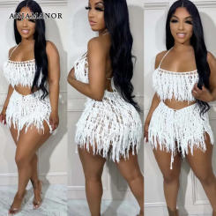 ANJAMANOR Sexy See Through Knit Crochet Fringed Short Sets Beach Vacation Summer Outfits for Women 2023 Two Piece Set D0-DG25