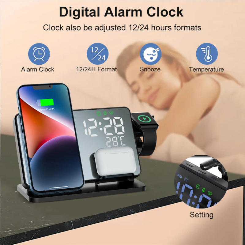 Description Picture 5 of item3 in 1 Wireless Charger For iPhone 14 13 12 Pro Max Fast Charging Station For Apple Watch 8 7 Chargers Stand With Alarm Clock