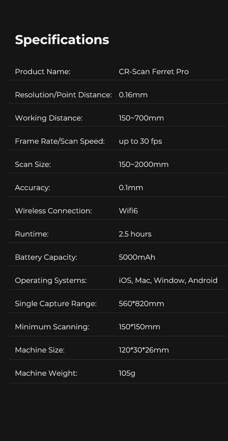 Description Picture 5 of itemCreality CR-Scan Ferret Pro Portable Handheld 3D Scanner Anti-shake Tracking WiFi6 Wireless Scanning 0.1mm Accuracy 24-bit