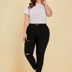 Summer new women's plus-size British high street style button fashion design solid color 9 points pants