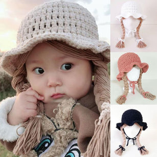 Fashion Baby Girls Braided Wig Chin Strap Knitted Cap Bucket Hat Photo Prop