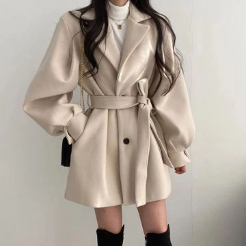 ITOOLIN Autumn Winter Women Buttons Lace-up Trench Coat With Pockets Woolen Turn-down Collar Long Sleeve TRAF Coat Overcoat
