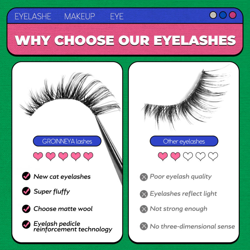 Description Picture 4 of itemGROINNEYA 5 pairs Cat Eye Lashes Faux Mink Eyelashes Clear Band Lashes Natural Look Wispy Mink Eyelashes Full Strip Lashes