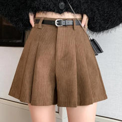 Retro Corduroy Pleated Shorts Skirt with belt Women Fall winter Slim Fit A-line Shorts Fashion All match wide leg Shorts