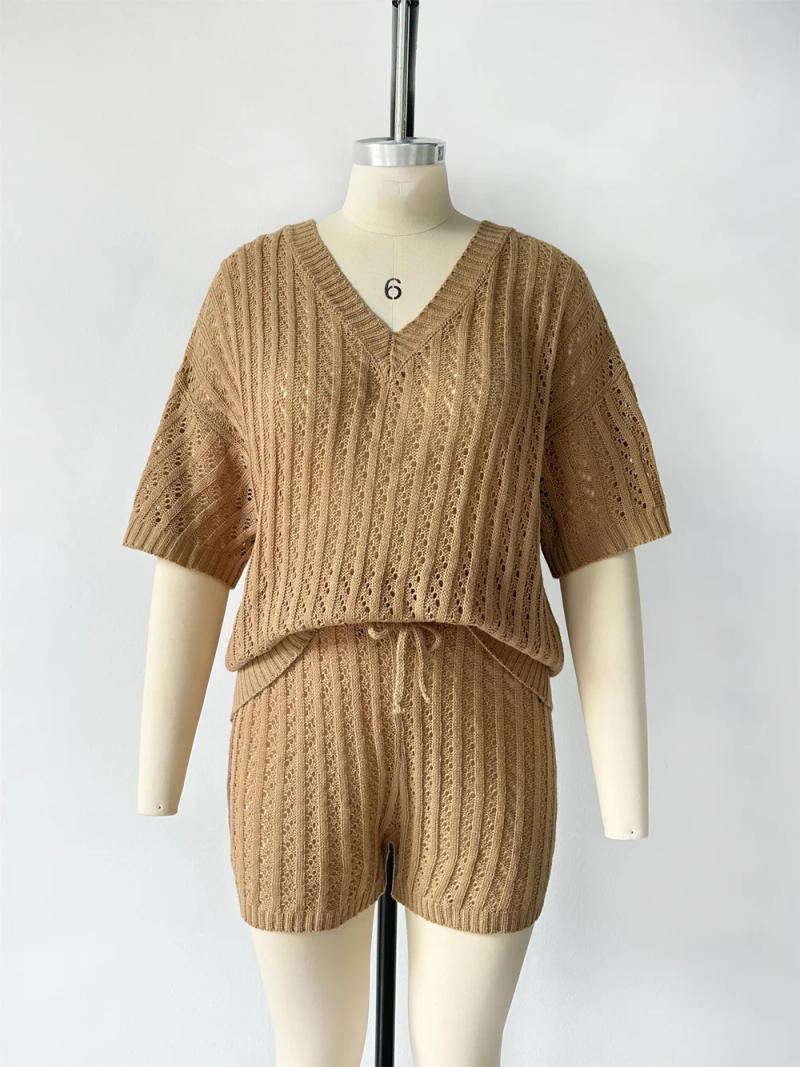 Description Picture 4 of itemElegant Solid Hollow Out Knitted Women Two Piece Sets 2023 Summer New Fashion Casual Women Short Set V-neck Versatile Outfits
