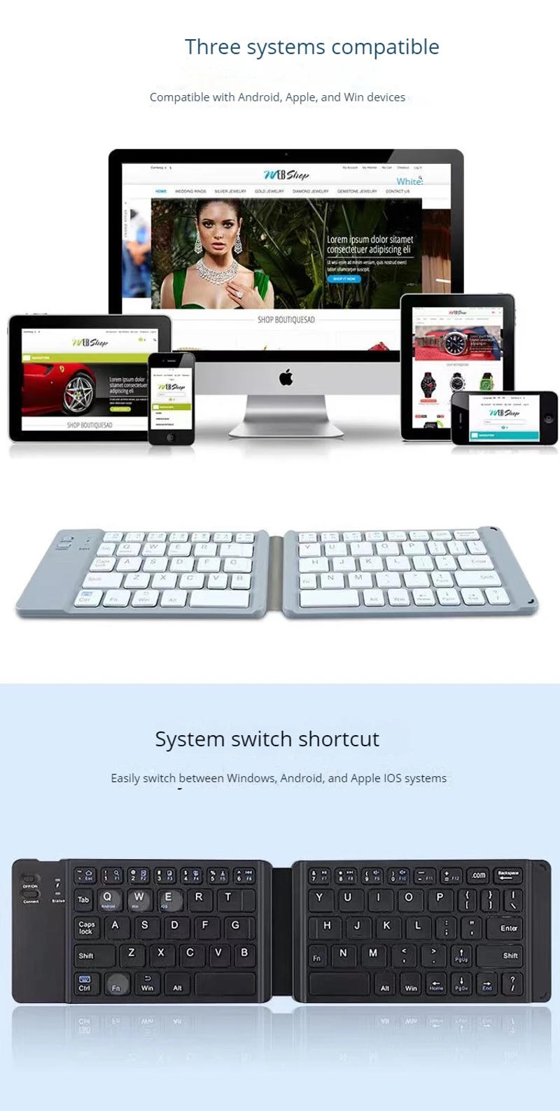 Description Picture 2 of itemPortable Bluetooth Wireless Keyboard Two-fold Keyboard Mini Tri-system Universal Keyboard For Iphone Android Foldable Keyboard