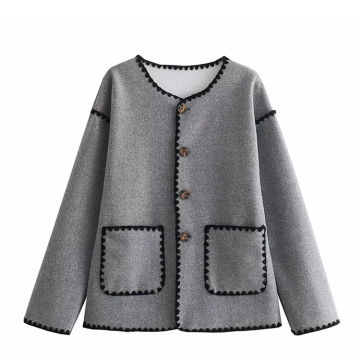 Chic Pocket Patchwork Knitting Crop Jackets Female Single Breasted O-neck Long Sleeve Coat Women's Elegant Autumn Winter Coats