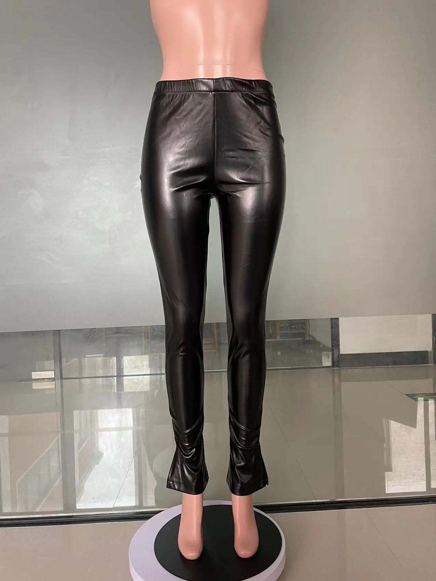 Description Picture 3 of item2023 Women Winter Clothing Black Leather High Waist Skinny Pant Streetwear Trousers Sweatpants Booty Slit Skinny PU Pant
