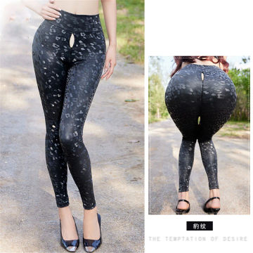 Sexy Women Leopard Pencil Pants Zipper Open Crotch Tights Pants Push Up Butt Wrap Hip Night Club Outfits Streetwear