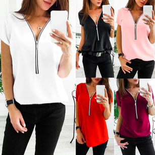 Summer Women Casual Solid Color Plus Size Zip Up V Neck Short Sleeve T-Shirt Top
