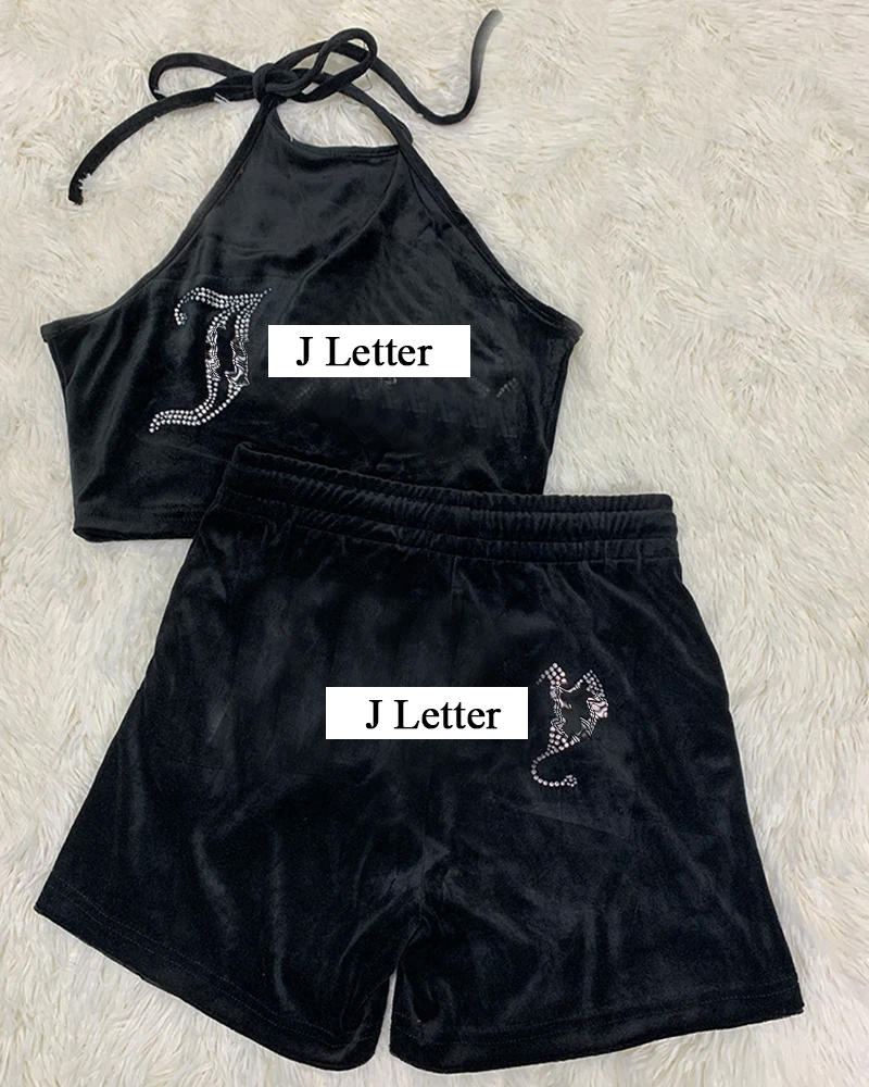 Description Picture 3 of itemTwo Piece Halter Top and Drawstring Shorts Set Velvet Sleeveless Top and Sporty Shorts Set Sexy y2k Summer Outfits for Women