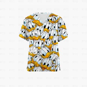 Summer V-neck Pocket Cartoon Printing Surgical Gown Pharmacy Hospital Nurse Scrub Donald Duck Beauty Salon Dental Pet Overalls