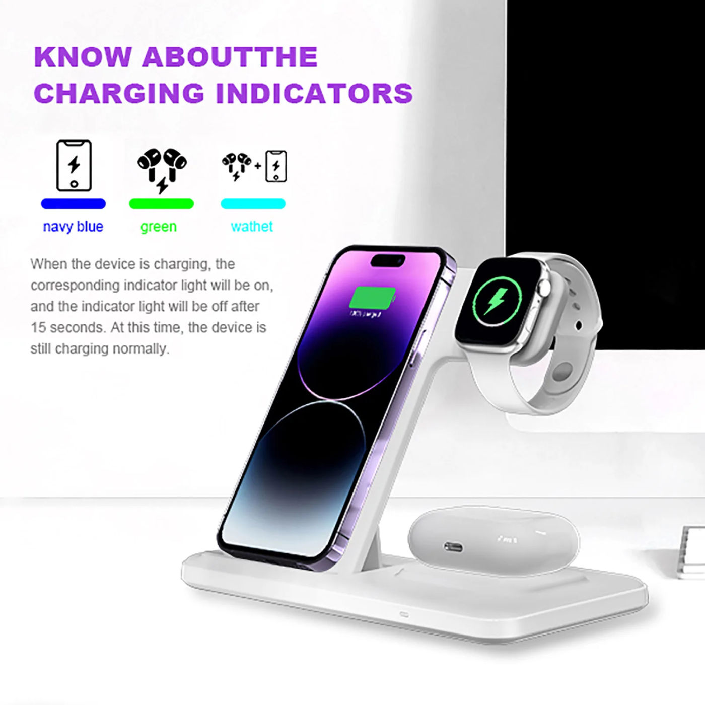 Description Picture 2 of item20W Foldable Wireless Charger for iPhone 14 13 12 11 XS XR X 8 Apple Watch 8 Airpods Pro 3 in 1 Fast Charging Stand Dock Station