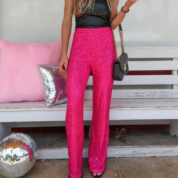 Pink High Waist Pants Party Outfits Evening Fashion Streetwear Black Pants Sequins Pant Straight  Bling Pants Women New In Solid