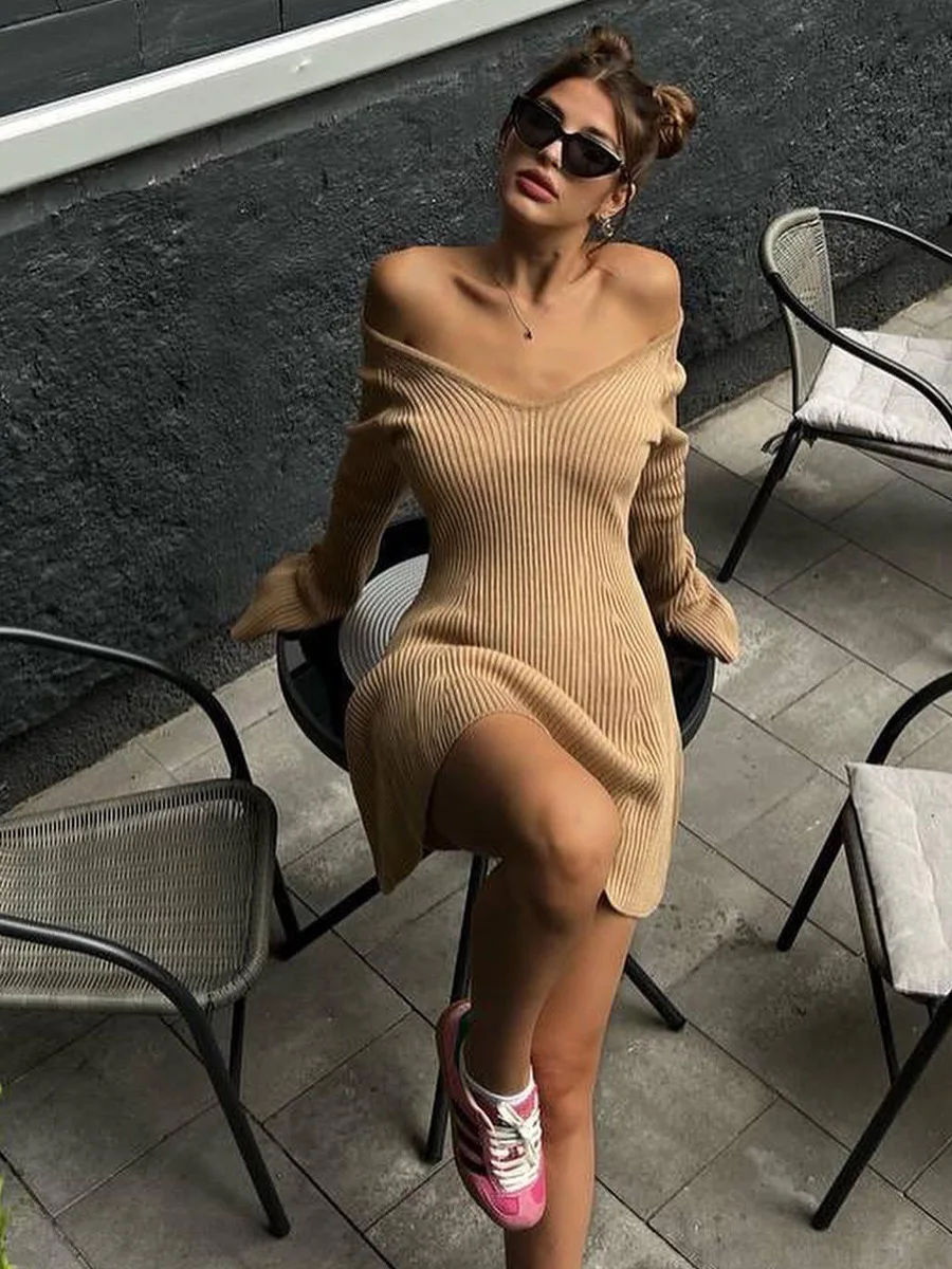 Rib Knitted Mini Dresses Women