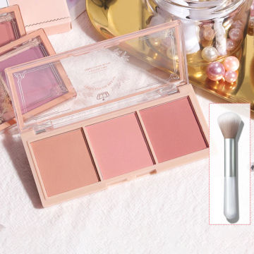 3 In 1Milk Tea Blush Peach Pallete 3 Colors Face Mineral Pigment Cheek Blusher Powder Makeup Contour Shadow Blush with Brush