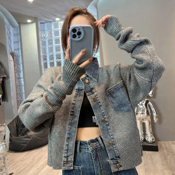 Sandro Rivers 2023 Women's Knitted Denim Jacket Loose Short Vintage Patchwork Niche Jacket Tops Fall And Winter