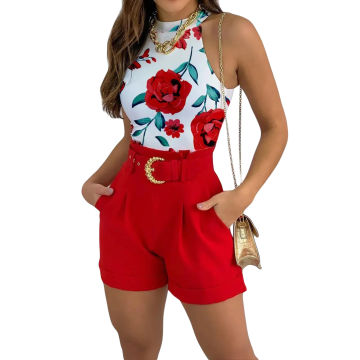 Women Fashion Summer Two Piece Set Sleeveless Floral Vest Shirts + Short Pants Female Elegant Y2K 2Pcs Set Streetwear