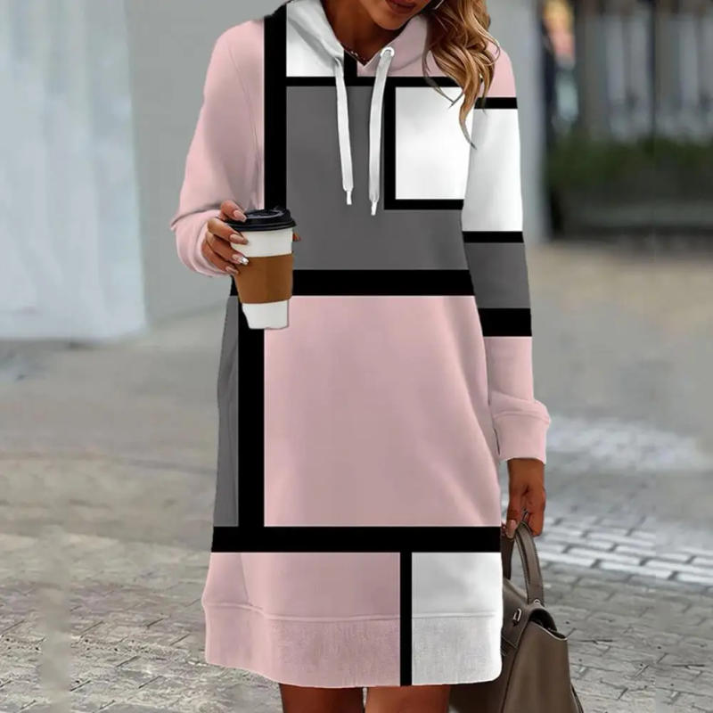 Description Picture 5 of itemWomen Winter Hooded Dress Floral Print Loose Drawstring Loose Pullover Thick Warm Long Sleeve Soft Above Knee Mini Hoodie Dress