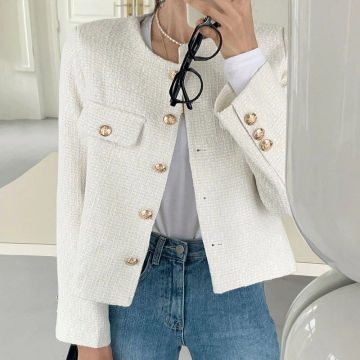 [EWQ] Single Breasted Green Tweed Woolen Jacket Chic Button Long Sleeve Wool Blends Jackets Coat 2023 Spring Autumn New Top 6935