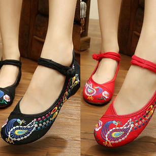 Women's Chinese Old Peking Style Phoenix Flower Embroidered Mary Jane Flat Shoes