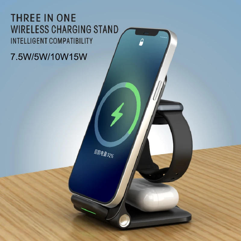 Description Picture 4 of item3 In 1 Foldable Wireless Charger Stand For iPhone 14 Pro Max 8 Apple Watch Fast Charging Dock Station For Airpods iWatch Samsung