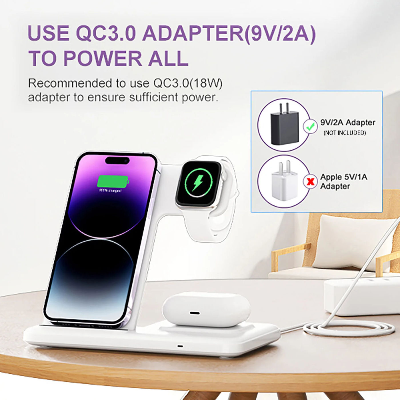 Description Picture 4 of item20W Foldable Wireless Charger for iPhone 14 13 12 11 XS XR X 8 Apple Watch 8 Airpods Pro 3 in 1 Fast Charging Stand Dock Station