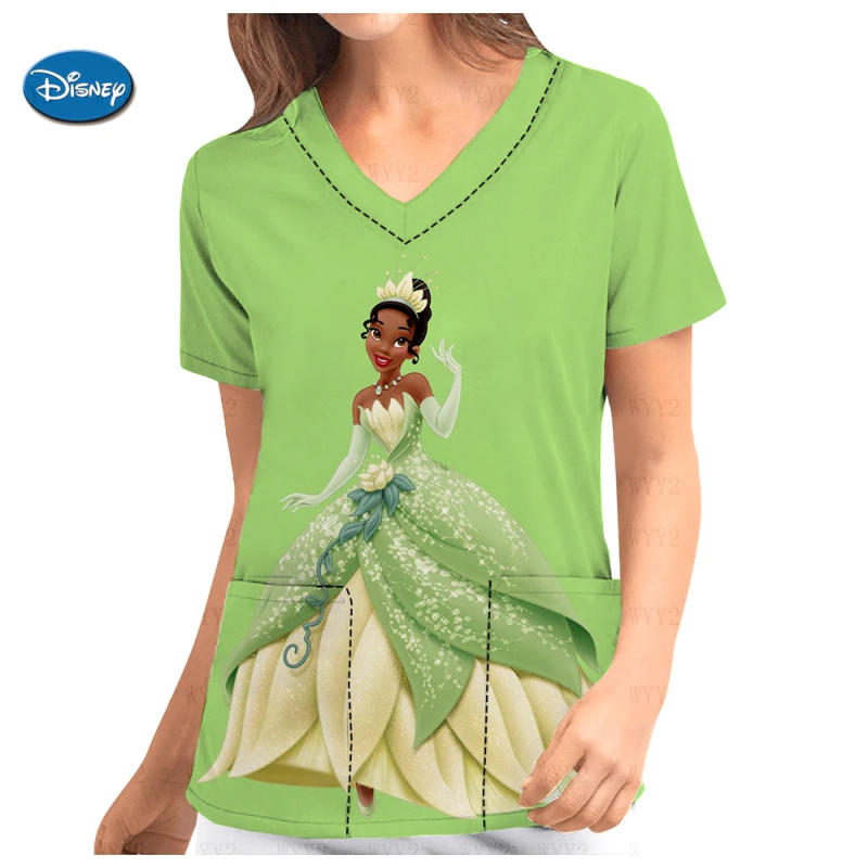 Description Picture 6 of itemDisney Princess Tiana Print Nurse Uniform Women's Cardiac Medical Scrub Overalls Short Sleeve Uniform Shirt Nursing Overalls