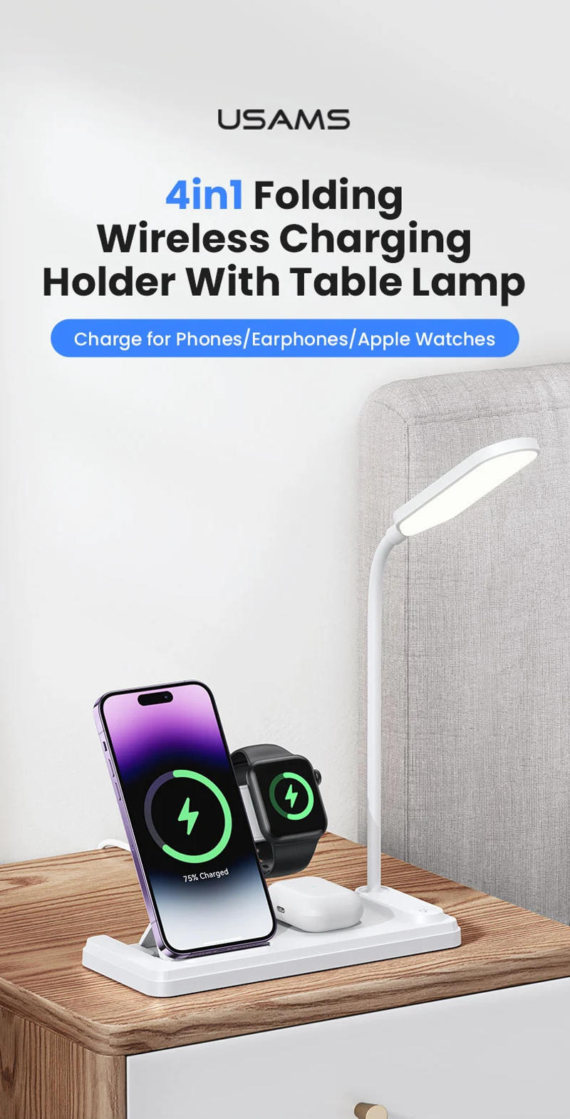 Description Picture 2 of itemUSAMS 15W 4 in 1 Qi Wireless Charging Holder With Table Lamp For Phone With Qi Wireless Charging Function For iPhone AirPods
