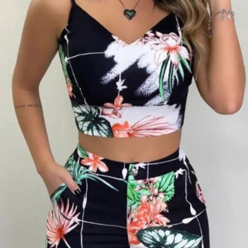 Fashion Women Shorts Suits 2Pieces Sets Summer Office Lady Floral Strap Tank Crop Top+High Waist Button Shorts Female Outfits