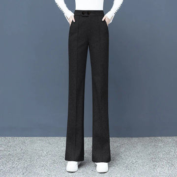 Big Size Thick Wool Blend Straight Pants Korean style Woolen Wide Leg Pants Womens Winter Casual New High Waist Loose Trousers