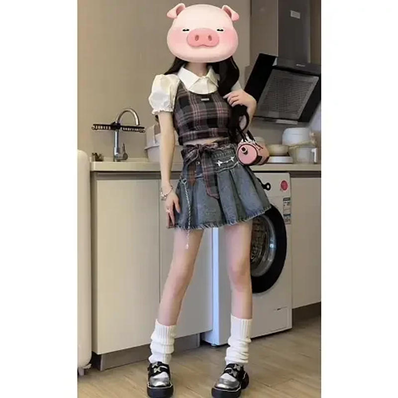 Description Picture 3 of itemSummer gentle outfit 2023 new Korean version short sleeved shirt plaid suspender denim short skirt womens two peice skirt sets