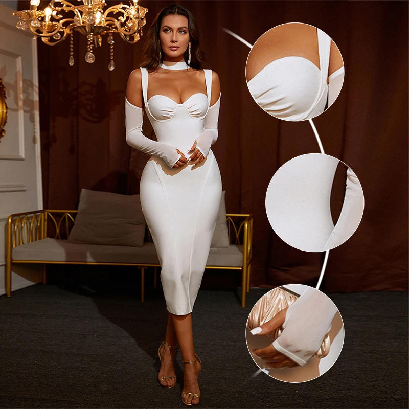 Description Picture 3 of itemWomen Summer Style Sexy Key Hole Long Sleeve Mesh White Midi Bodycon Bandage Dress 2023 Elegant Evening Club Party Dress
