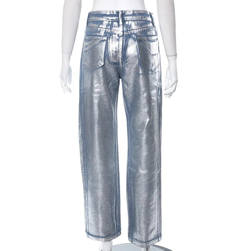 Description Picture 4 of itemBKQU Metallic High Waist Straight Jeans Women 2023 Autumn New Printing Loose Wide Leg Denim Pants Streetwear Harajuku Vintage