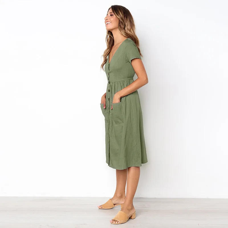 Description Picture 5 of itemGreen Blue A Line Casual Dresses Women Summer Dress 2021Vintage Short Sleeve Robe For Ladies Buttons V Neck Midi Vestidos Female