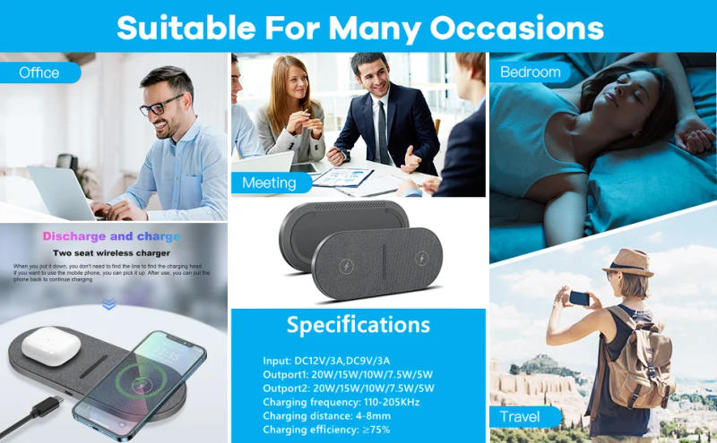 Description Picture 4 of item40W Fast Dual 2 in 1 Wireless Charger Pad for Airpods 3 Pro iPhone 8 X XS XR 11 12 13 14 15 Samsung S23 S22 Induction Charging