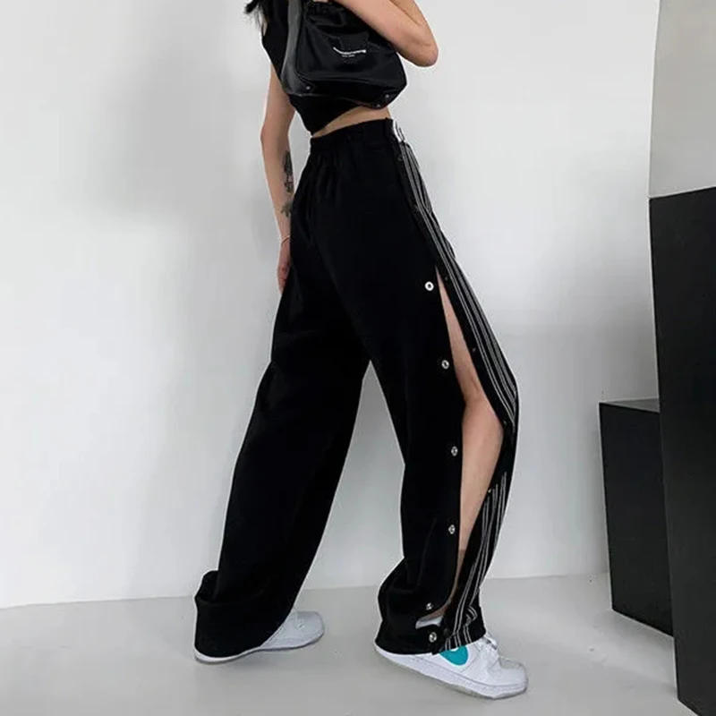 Description Picture 4 of itemGidyq Summer Striped Wide Leg Pants Women Fashion Breasted Loose Sweatpants Y2K Streetwear Female High Waist Straight Trousers