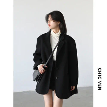 CHIC VEN Fashion Women Double-sided 100% Wool Coat Solid Women's Blazer Outerwear Warm Overcoat Lady Tops Autumn Winter 2022