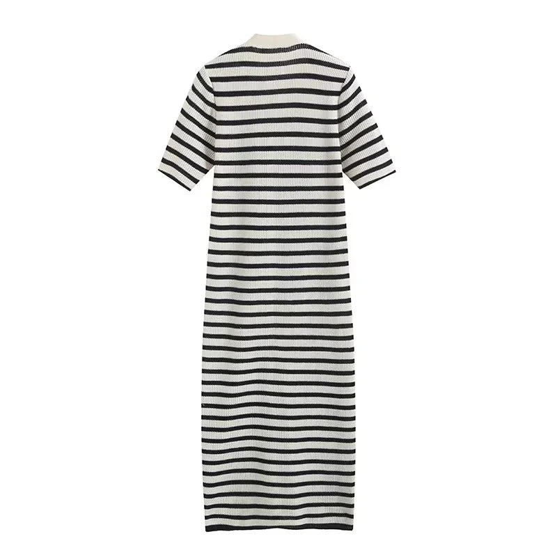 Description Picture 3 of itemXNWMNZ Women's Fashion 2023 Knitted Stripe V Neck Long dress Women Vintage Short Sleeve Front Button Versatile Female Dresses