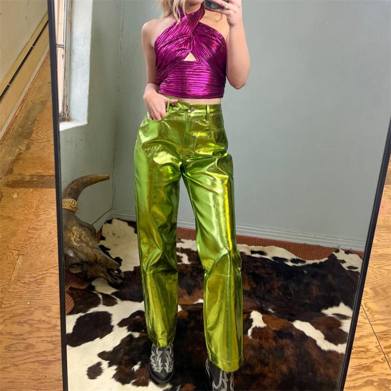 Description Picture 6 of itemPuloru Shiny PU Leather Long Pants Women Metallic High Waist Button Zipper Closure Casual Trousers Streetwear Straight Leg Pants