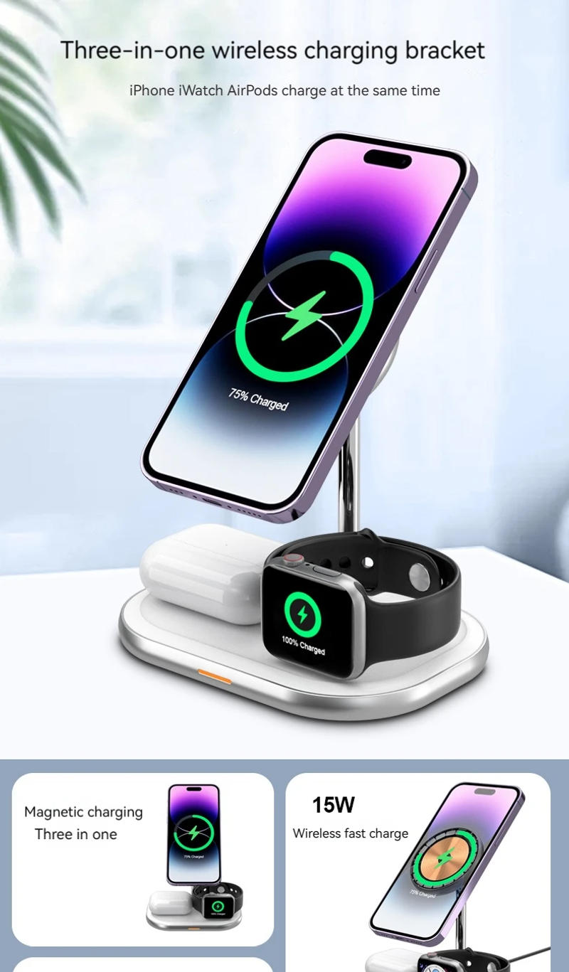 Description Picture 2 of itemMagnetic Wireless Charger Stand for iPhone 15/14 Plus/13/12 3 in 1 Wireless Macsafe Charger Station For Apple Watch/AirPods Pro