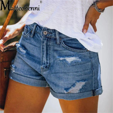 Women Fashion Ripped High Waisted Rolled Denim Shorts Vintage Hole Summer Casual Pocket Short Jeans Ladies Hotpants Shorts 2022