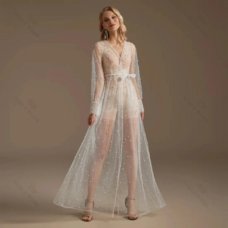 Description Picture 4 of itemPearl Wrist Long Sleeve Wedding Jacket Tulle Robe Party Shawl BOLERO Floor-Length Bridal Cape Sexy Pearsl Long Coat