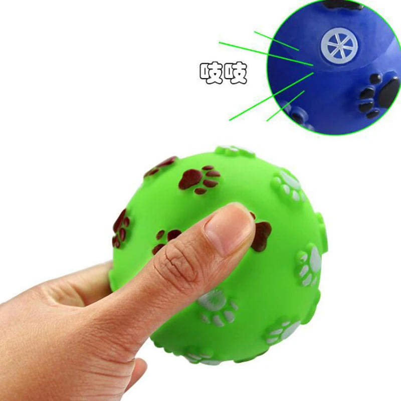 Description Picture 3 of itemFunny Pet Dog Foot Print Ball Toy Colorful Sound Squeaky Toys for Dogs Cats Soft Rubber Chew Sound Interactive Ball Toys