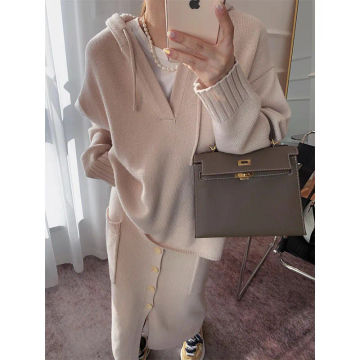 Harajpee Fashion Lazy Grey Suits 2023 Autumn Winter New Hooded Cardigan Coat Sweater Split Knitted Half Skirt Set for Women